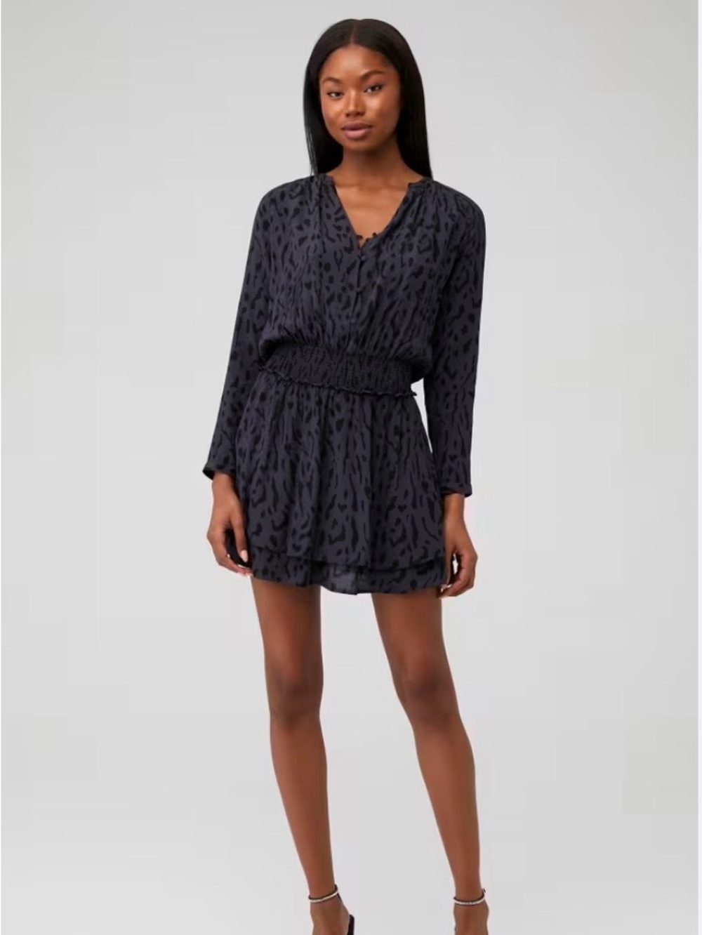 Rails Black Leopard-Print Smocked Waist Mini Dress